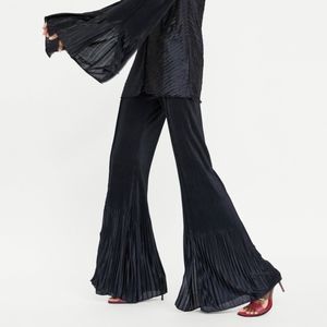 Zara Pleated Flare Bell Bottom Black Silky Pants